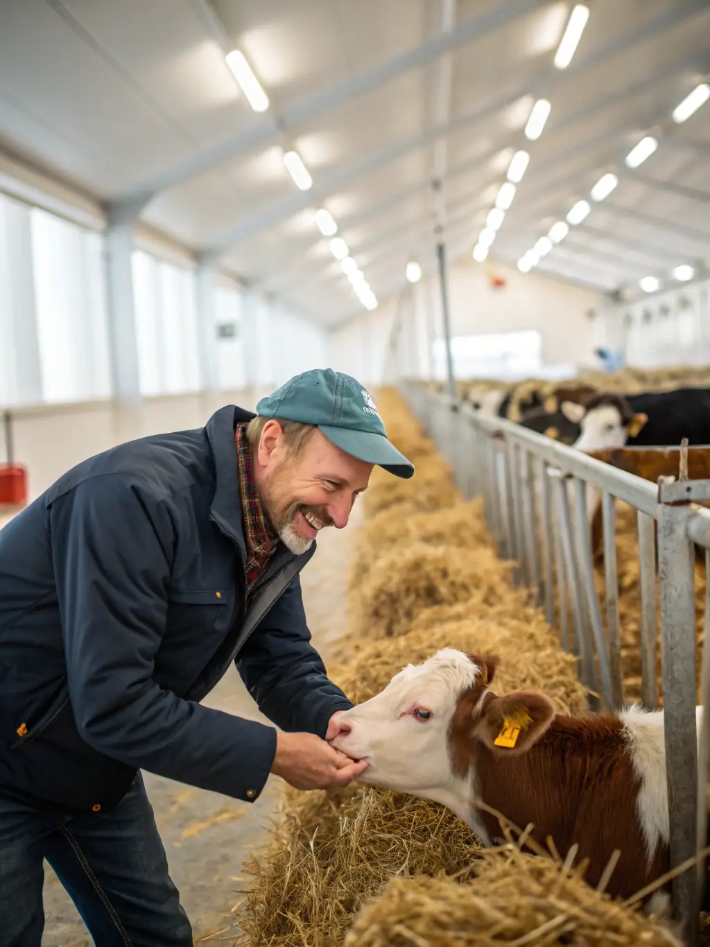 A farmer examining a healthy calf, representing improved reproductive health in livestock through Saksham Animal Health products.